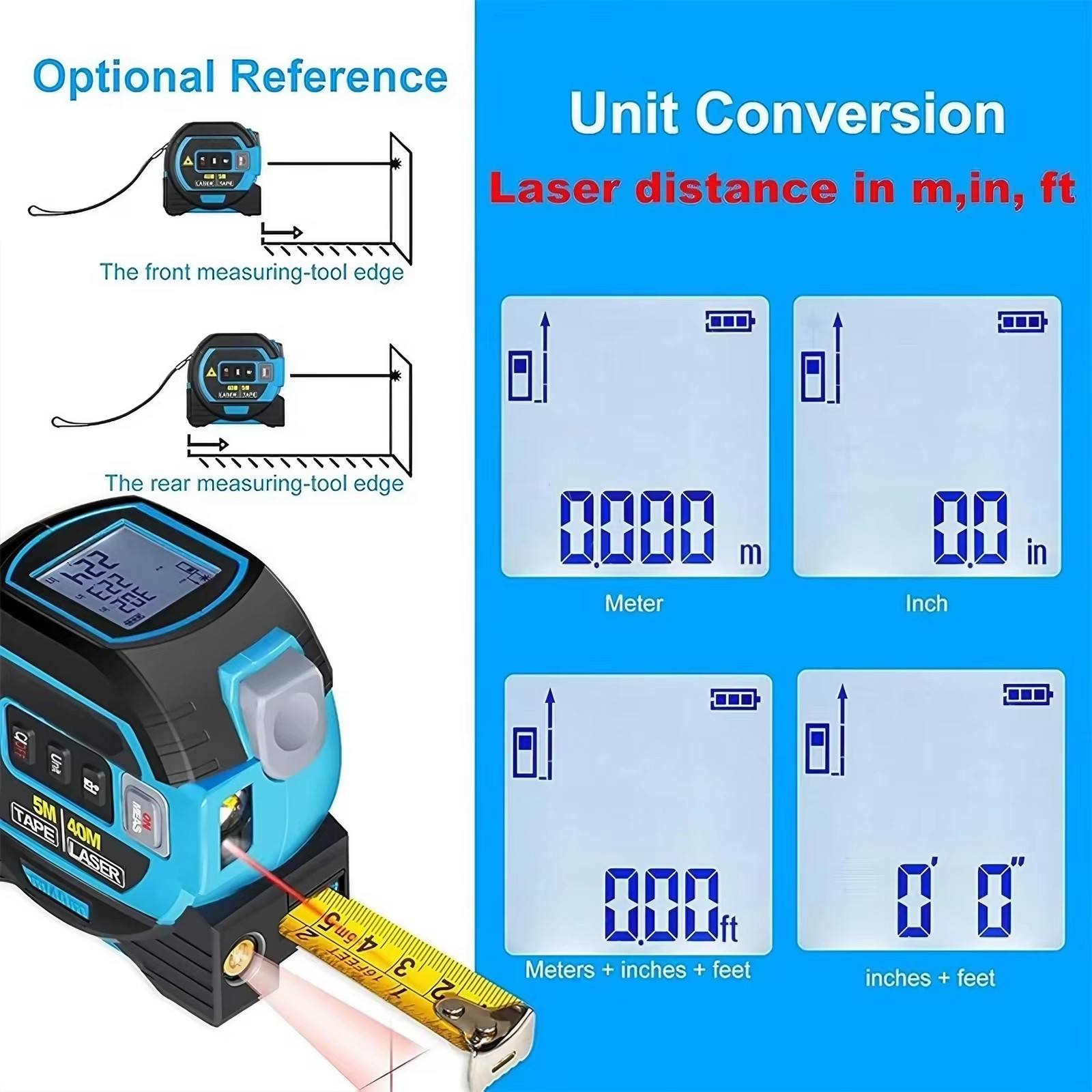 3 in 1 Laser Distance Meter  Digital Measuring Tool with Tape Measure for Distance, Area & Volume