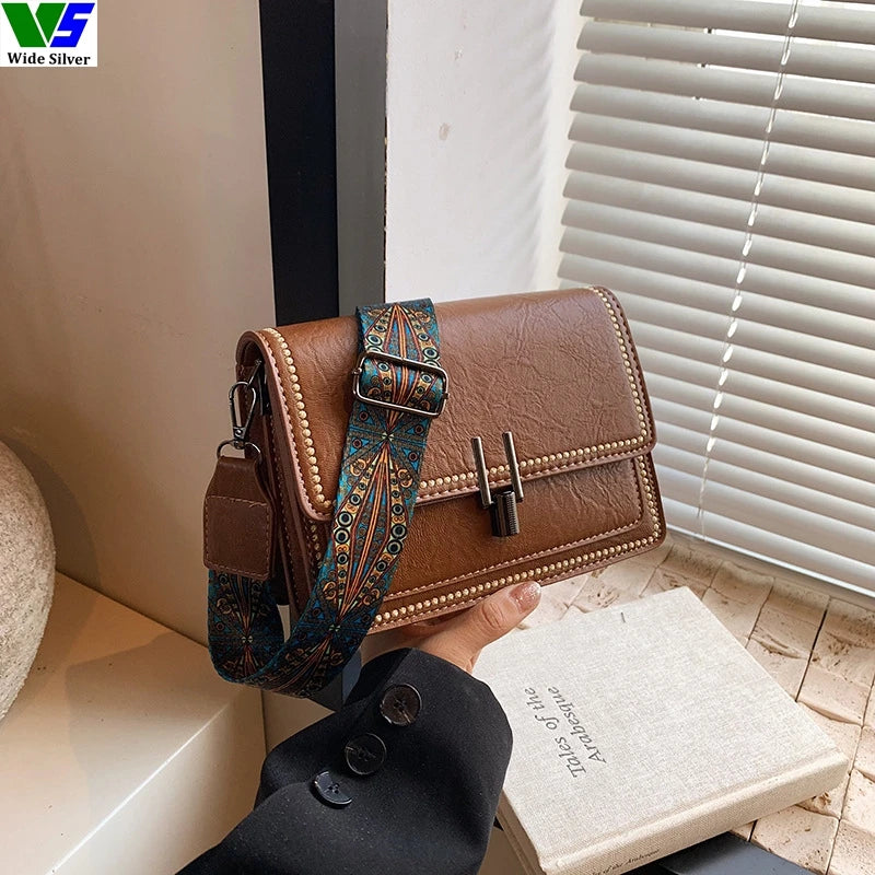 Wide Silver Vintage Women's PU Leather Messenger Bag