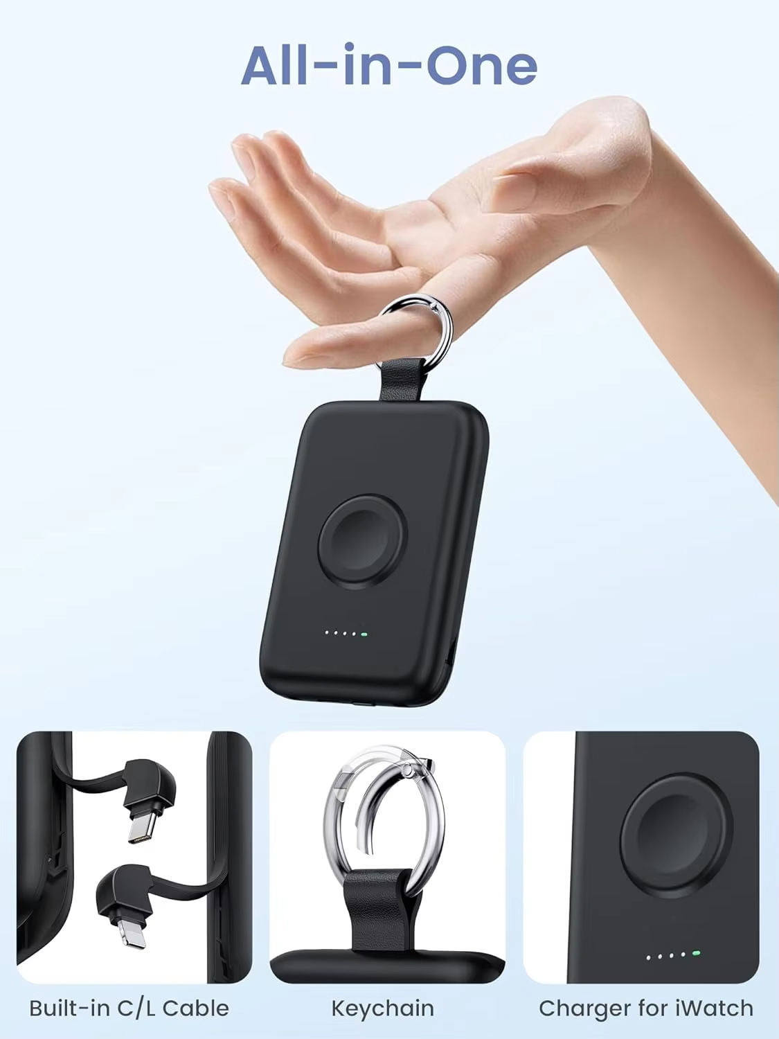 10000mAh Fast Charging Power Bank with PD 20W – Built-In Cables for Phone, Watch, and Earphones