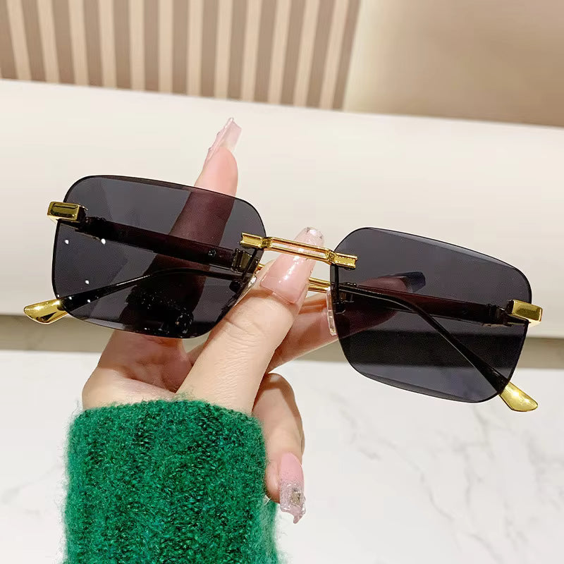 Wood Grain Temple Metal Rimless Sunglasses