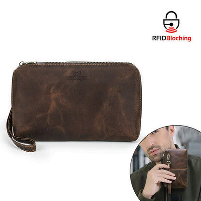 AndoBag Men’s Genuine Cow Leather Clutch Bag – RFID Blocking Long Wallet & Travel Wrist Purse