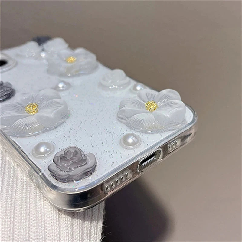 Luxury 3D Rose Flower Pearl Glitter Soft Case for iPhone