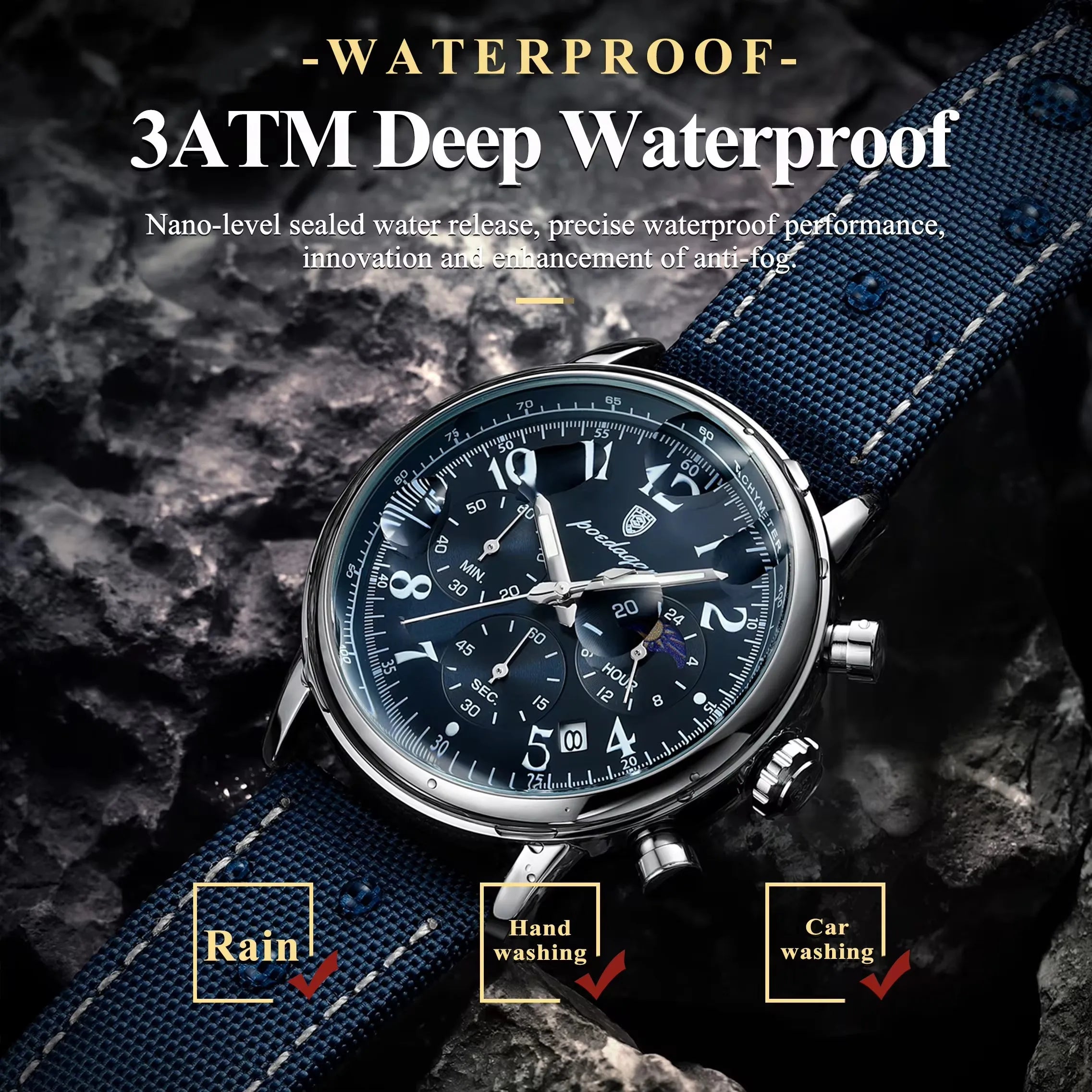 Luxury Silver Blue Quartz Chronograph Watch for Men