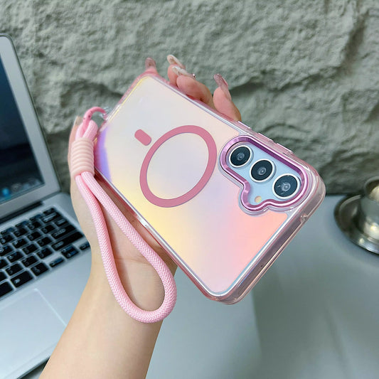 Stylish Gradient Laser Back Cover Magnetic Stand Wrist Strap for Samsung