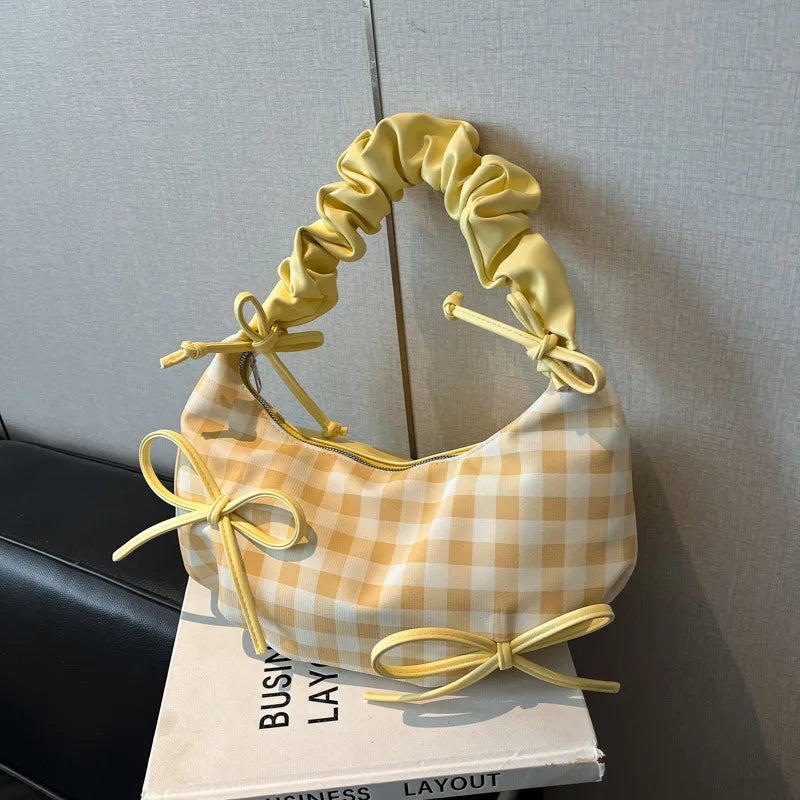 Niche Soft Ruched Zipper Bags New Summer Plaid Half Moon