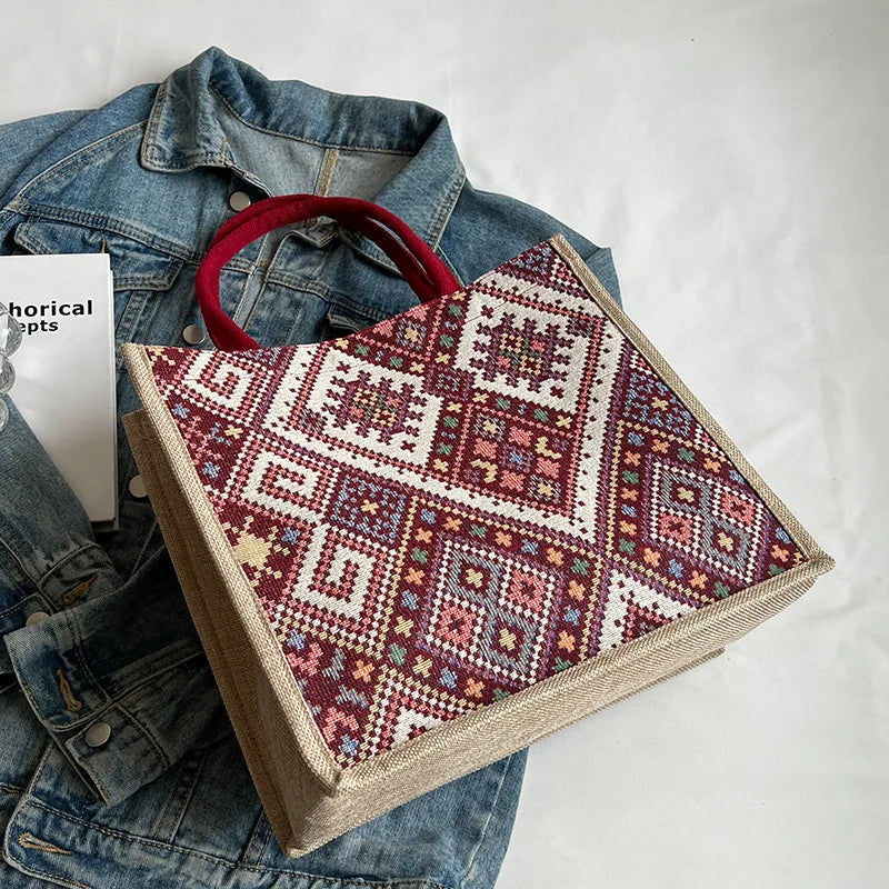 Large Capacity Ethnic Style Canvas Tote Bag for Women