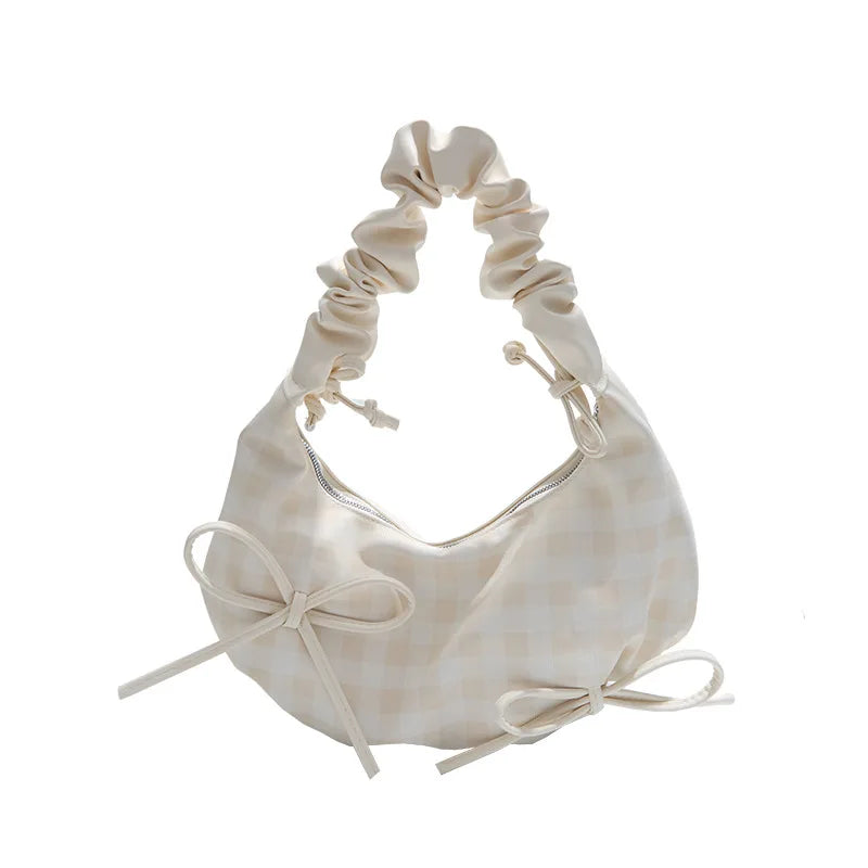 Niche Soft Ruched Zipper Bags New Summer Plaid Half Moon