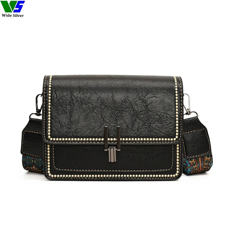 Wide Silver Vintage Women's PU Leather Messenger Bag