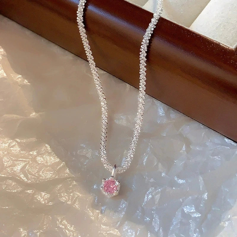 Luxury Silver Necklace with Pink Zircon Starry Sky