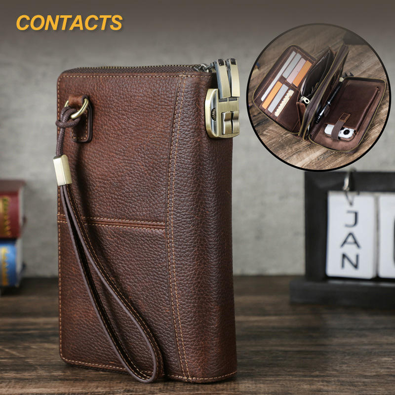 Black Angel Litchi Leather Double Zip Clutch Wrist Strap with Password Lock Travel Passport Bag