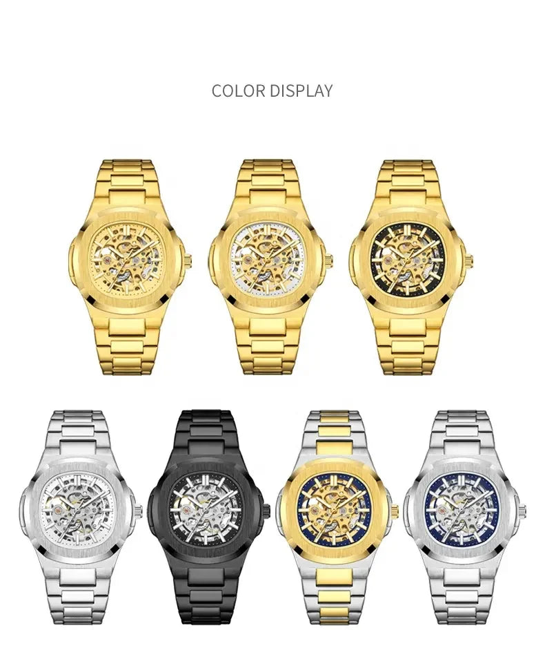 Luxury Mechanical Watch: Black & Gold Stainless Steel