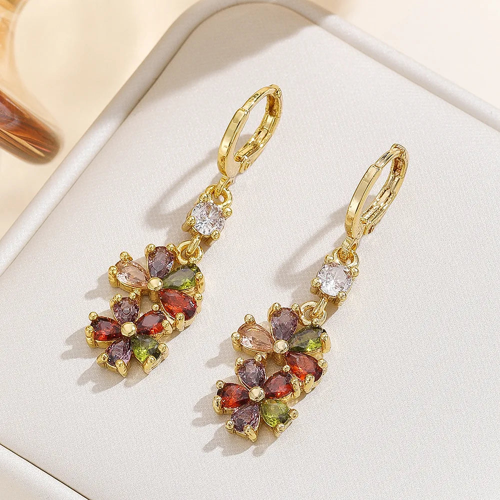 Exquisite Retro Brass Earrings with Colorful Zircon