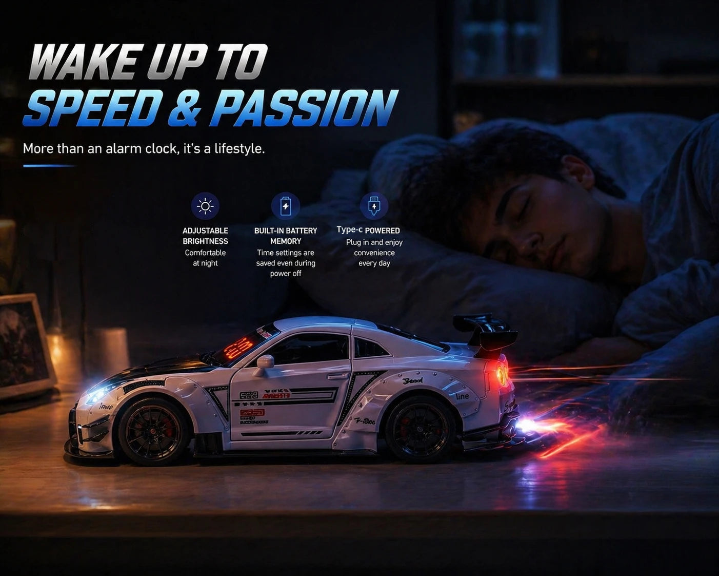 Alarm Clock White/Black Realistic Engine and Light Effects Home Daily