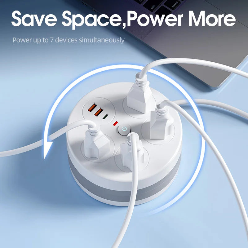 ROUND POWER SOCKET RETRACTABLE EXTENSION CORD 4AC 3USB US TYPE POWER STRIP