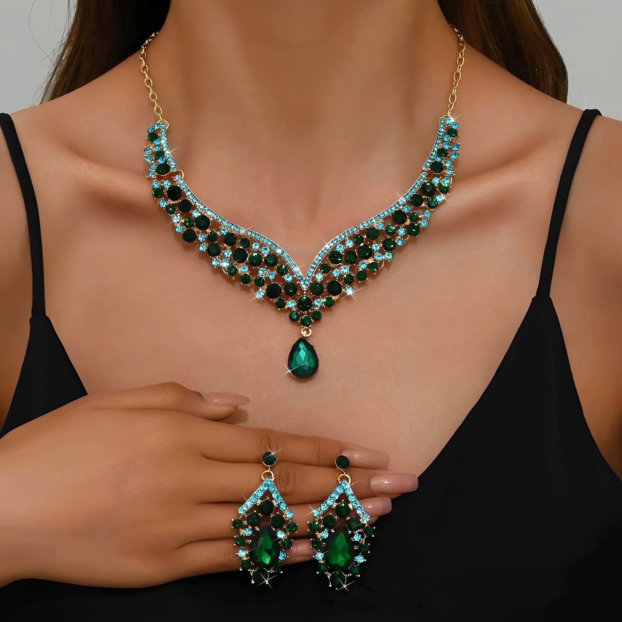 Gold Plated Punk Wedding Necklace & Earrings Set