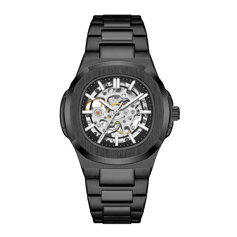 Luxury Mechanical Watch: Black & Gold Stainless Steel