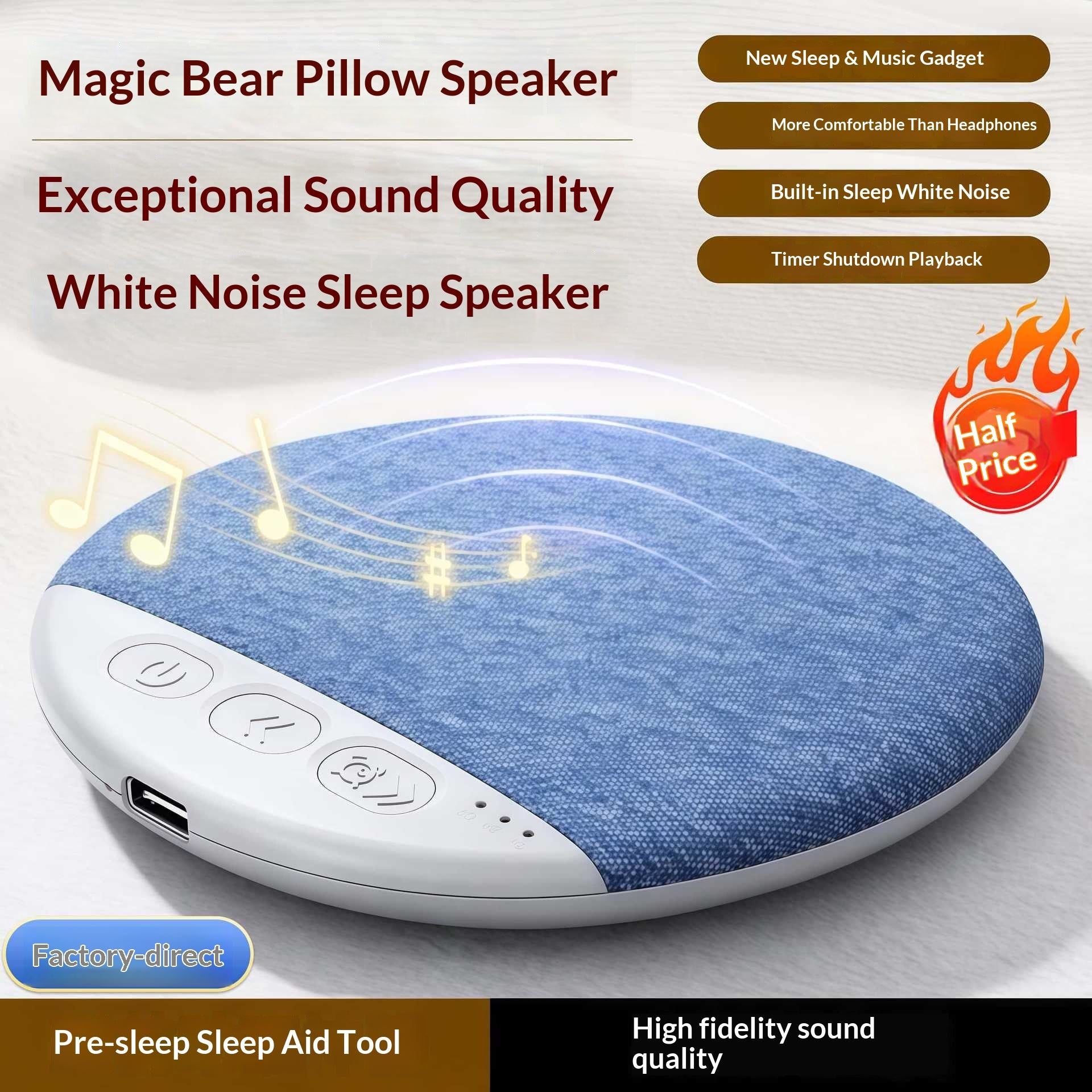 DreamWave Ultrasonic Pillow Speaker – 5W Sleep Aid Audio with USB Type-C