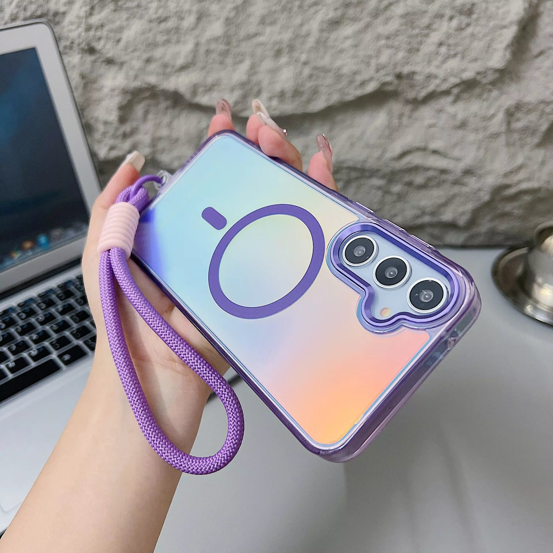 Stylish Gradient Laser Back Cover Magnetic Stand Wrist Strap for Samsung