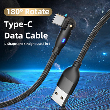 Fast-Charging 180° Rotatable 3A USB Type-C Micro USB-C Cable 180° Right-Angle for Mobile Phones Computers