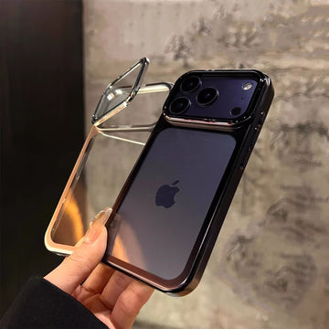 Folding Kickstand Electroplating Phone Case with Camera Frame Glass Protector for iPhone