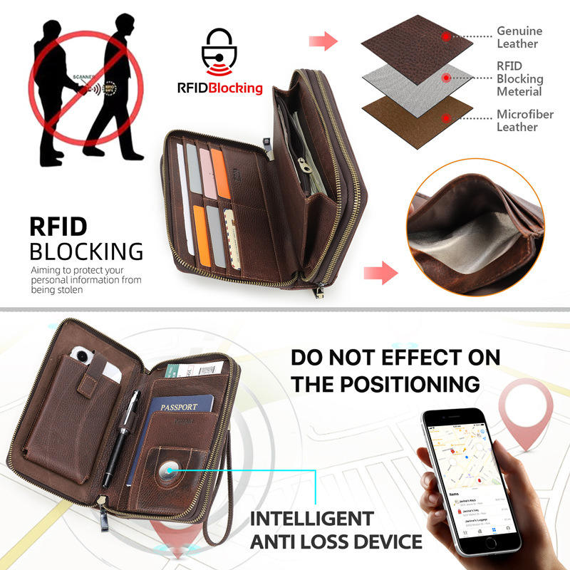 Black Angel Litchi Leather Double Zip Clutch Wrist Strap with Password Lock Travel Passport Bag