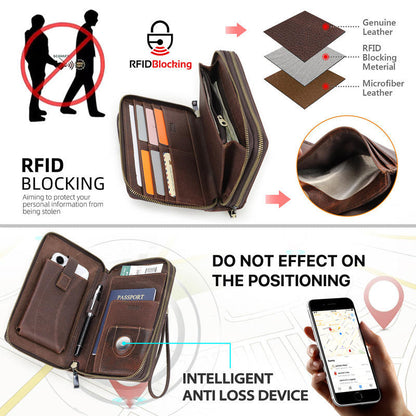Black Angel Litchi Leather Double Zip Clutch Wrist Strap with Password Lock Travel Passport Bag