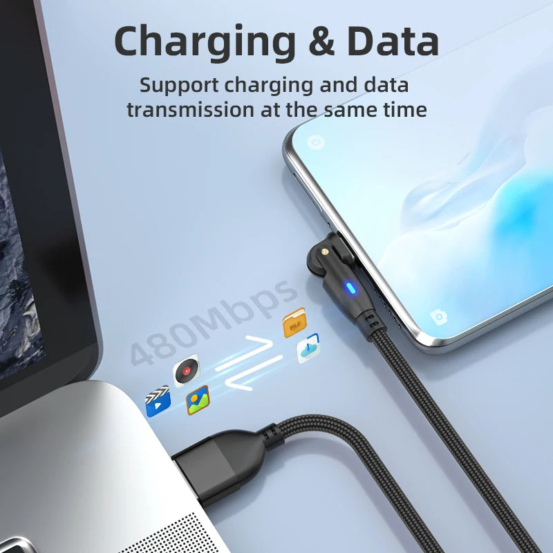 Fast-Charging 180° Rotatable 3A USB Type-C Micro USB-C Cable 180° Right-Angle for Mobile Phones Computers