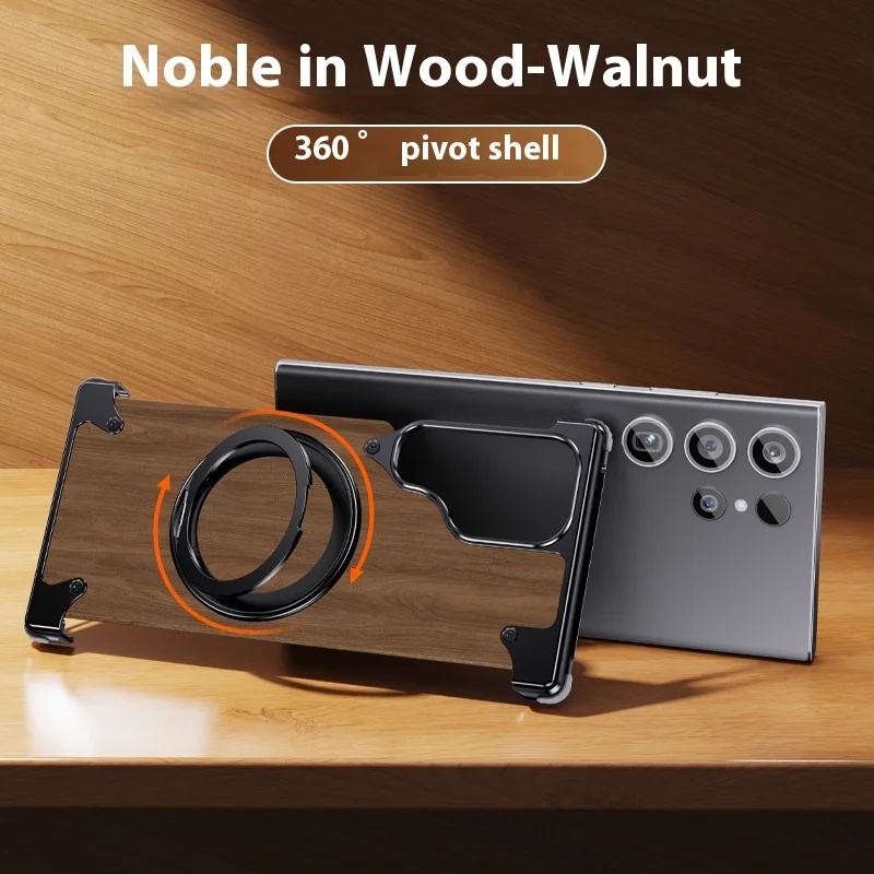 Premium Walnut Wood Metal Magnetic 360° Stand Case
