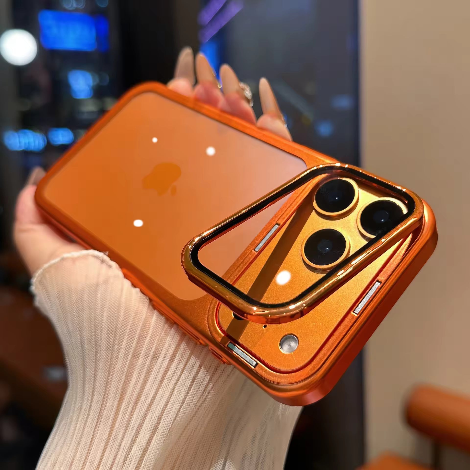 Folding Kickstand Electroplating Phone Case with Camera Frame Glass Protector for iPhone