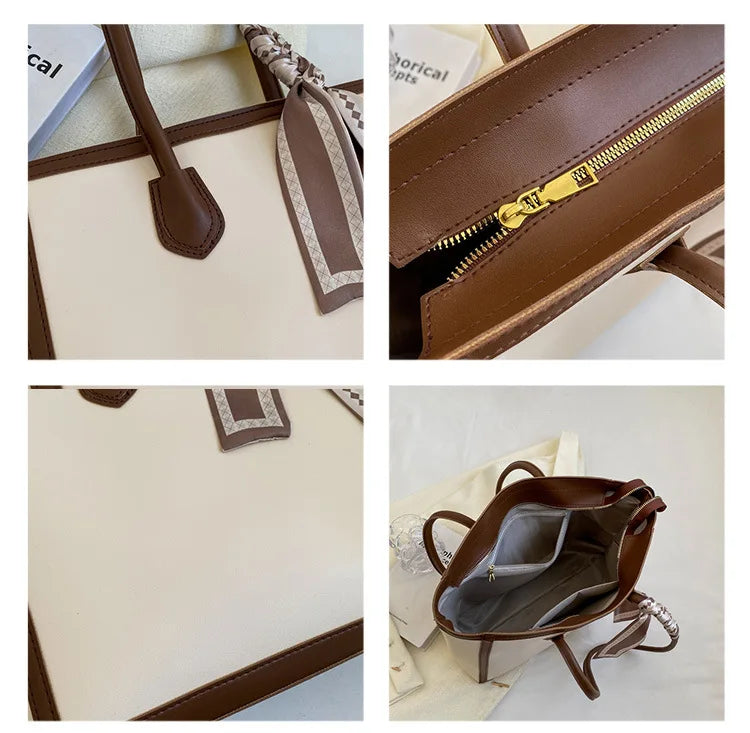 Fashion Retro Solid Color PU Zipper Waterproof Portable Tote Bag