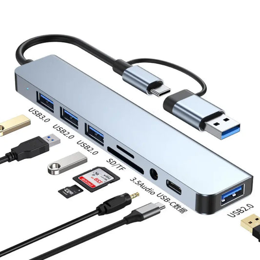 8-in-1 Type-C Multiport USB Hub – USB 3.0 Adapter with 4 USB 2.0 Ports, SD/TF Slot, and 3.5mm Audio Jack