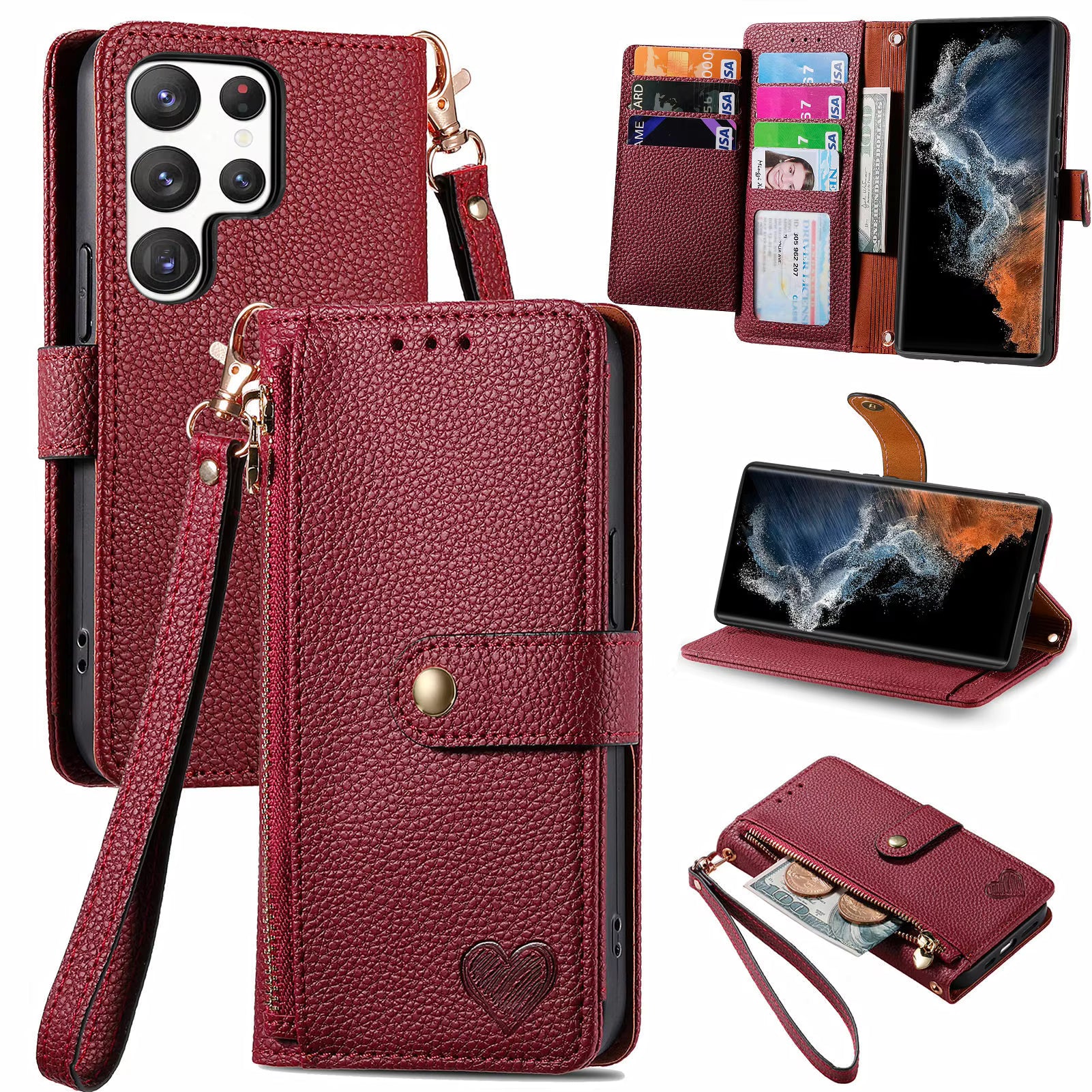Luxury Heart Design Flip Leather Wallet Case for Girls – Card Holder & Book Style Cover for Mobile Phone