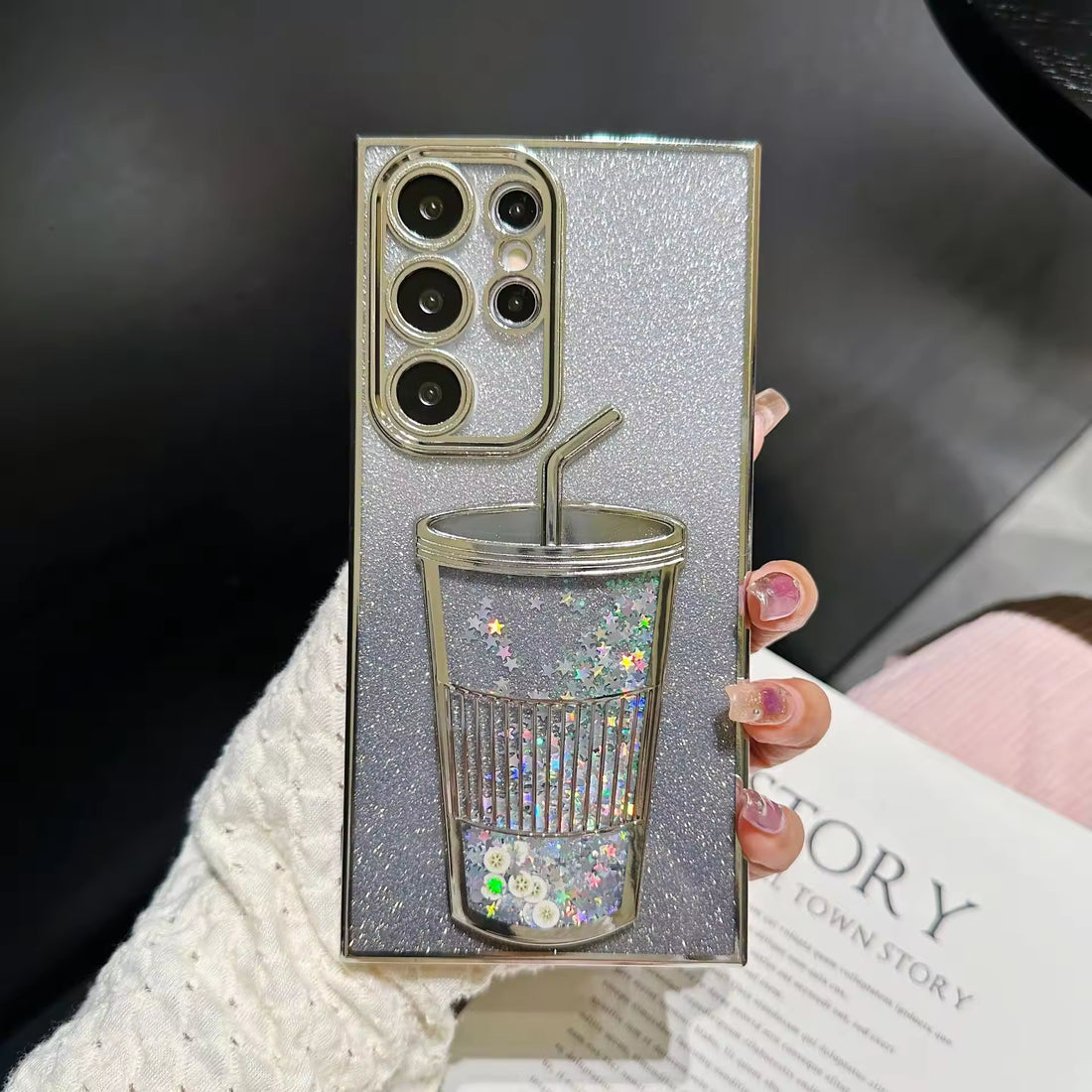 Black Glitter Stars Liquid Quicksand Phone Case