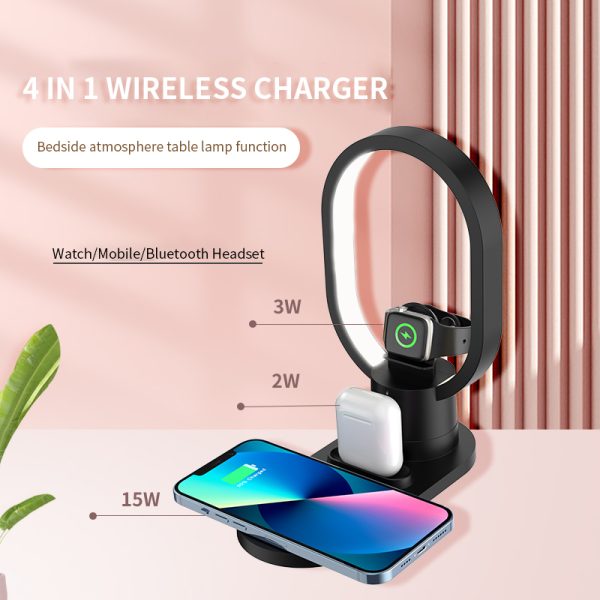 15W Fast 4 in 1 Magnetic Wireless Charger Light For Watch Airpods Phones Bedside Lamp Wireless Charging