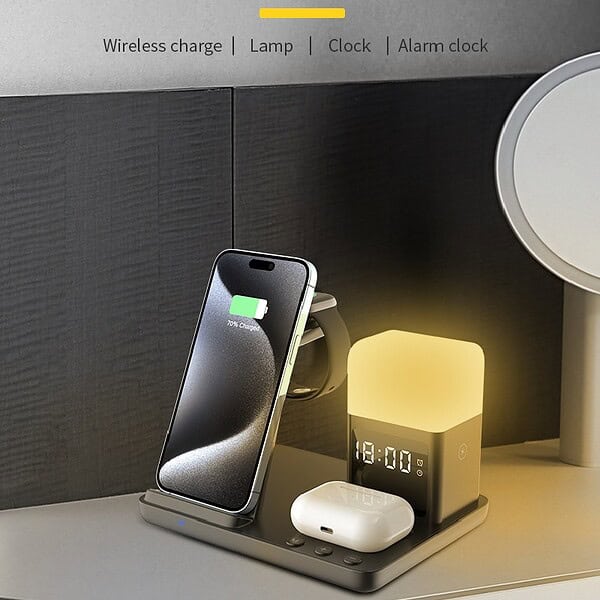 15W Wireless Charger Stand 6 In 1 Desktop Multifunctional Wireless Charger With Alarm Clock