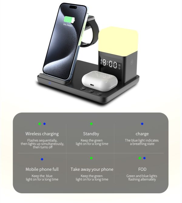 15W Wireless Charger Stand 6 In 1 Desktop Multifunctional Wireless Charger With Alarm Clock