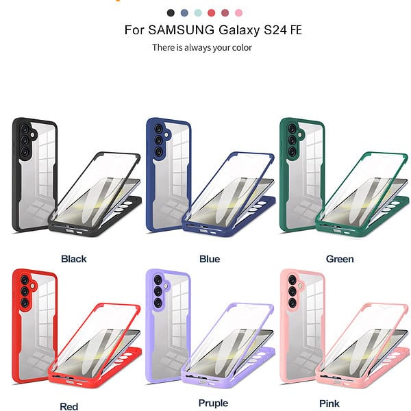 360 Degree Full Cover case For Samsung Galaxy S24 FE/A06/A16 Clear TPU+Acrylic+PET front Screen Protector Case