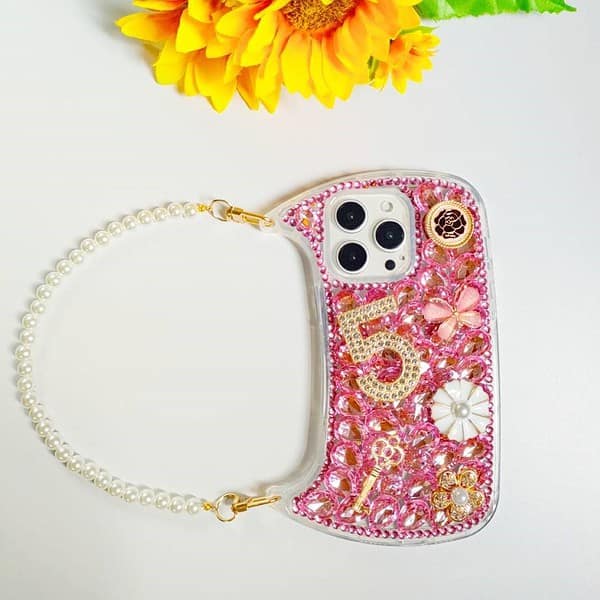 Fashion bling diamond lucky number Ladies handbag phone Case for Iphone 15 14 13 12 11 pro max Pearl Wrist Strap cover