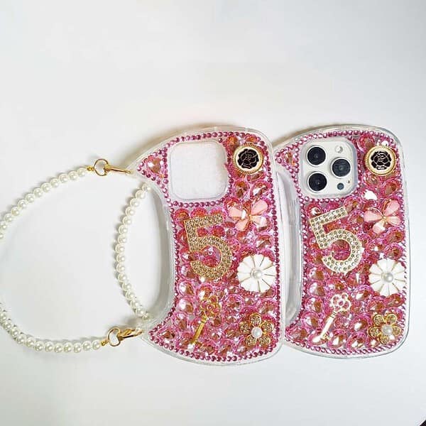 Fashion bling diamond lucky number Ladies handbag phone Case for Iphone 15 14 13 12 11 pro max Pearl Wrist Strap cover