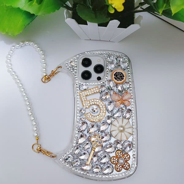 Fashion bling diamond lucky number Ladies handbag phone Case for Iphone 15 14 13 12 11 pro max Pearl Wrist Strap cover