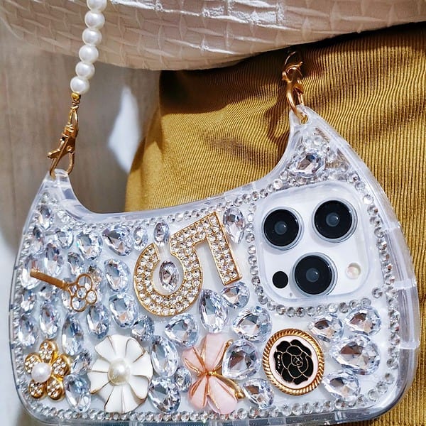 Fashion bling diamond lucky number Ladies handbag phone Case for Iphone 15 14 13 12 11 pro max Pearl Wrist Strap cover