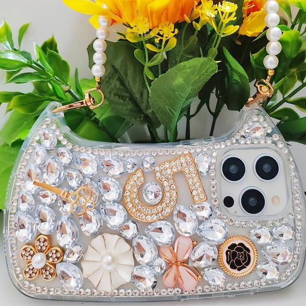 Fashion bling diamond lucky number Ladies handbag phone Case for Iphone 15 14 13 12 11 pro max Pearl Wrist Strap cover