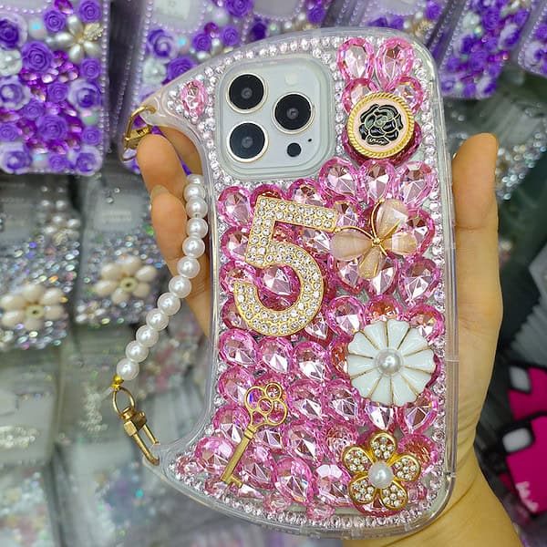 Fashion bling diamond lucky number Ladies handbag phone Case for Iphone 15 14 13 12 11 pro max Pearl Wrist Strap cover