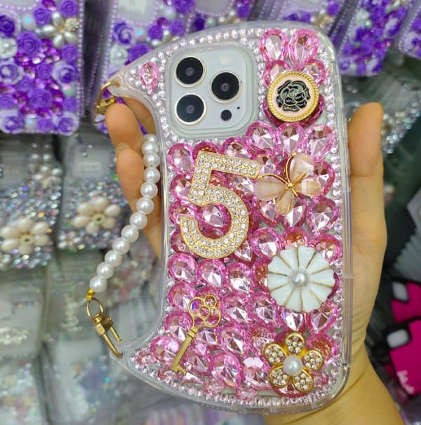 Fashion bling diamond lucky number Ladies handbag phone Case for Iphone 15 14 13 12 11 pro max Pearl Wrist Strap cover