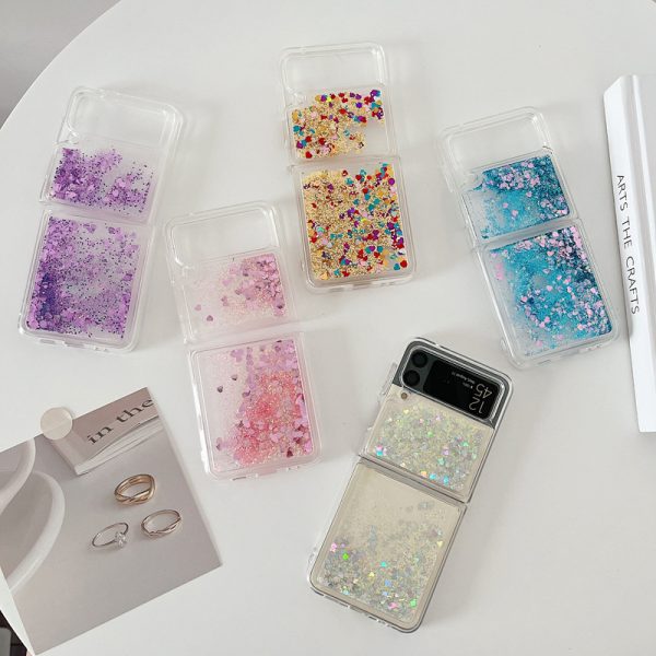 Fashion Cool Love Heart Glitter Quicksand Phone Case For Samsung Galaxy Z Flip 5 Z Flip 4 ZFlip3 Shockproof Liquid Sequins Cover