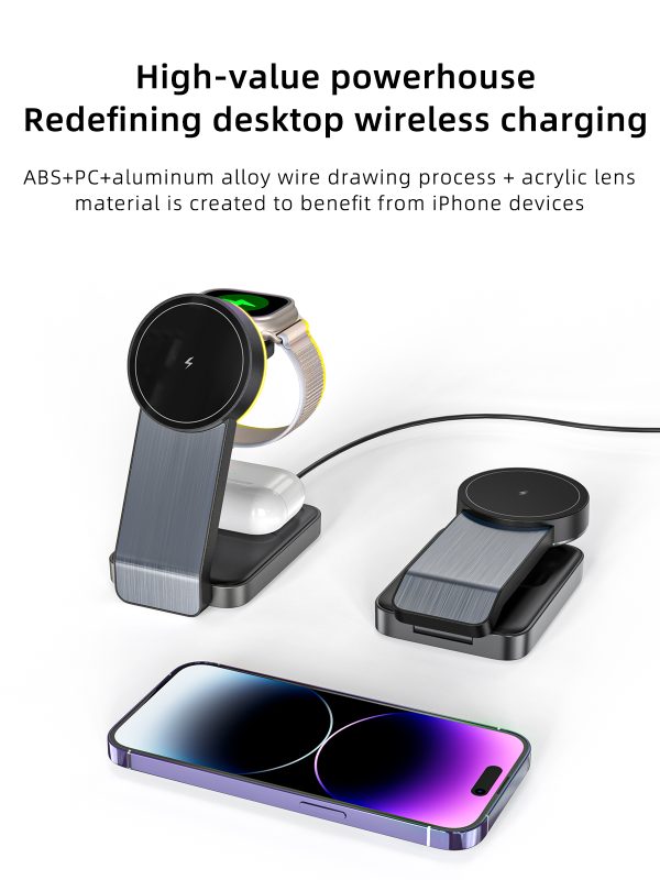 Folding Aluminum Mobile Holder Magnetic 3 in 1 Wireless Charging Fast magnetic wireless phone charger