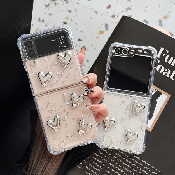 For Samsung zflip5 Folding screen Clamshell Transparent Love phone case with zflip6 silver foil glitter ins