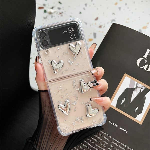 For Samsung zflip5 Folding screen Clamshell Transparent Love phone case with zflip6 silver foil glitter ins