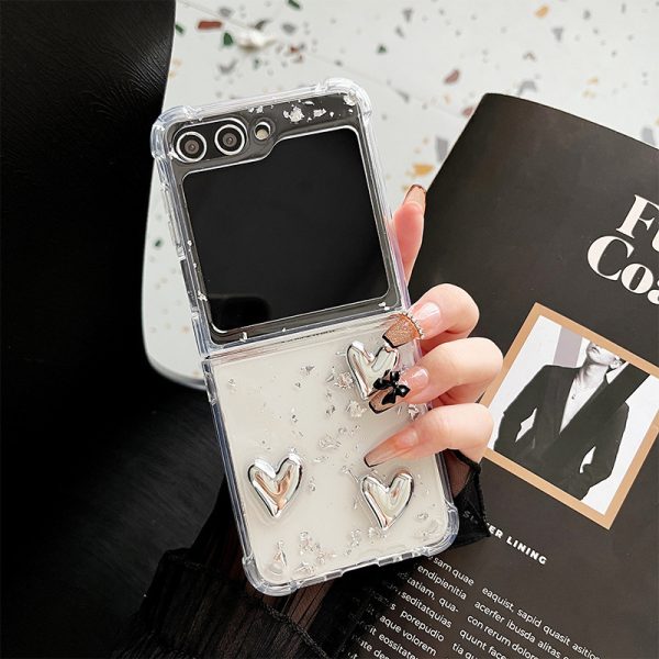 For Samsung zflip5 Folding screen Clamshell Transparent Love phone case with zflip6 silver foil glitter ins