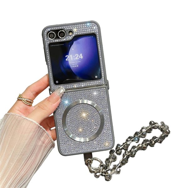 Full Diamond Mobile Phone Cases for Samsung ZFLIP6 Magnetic Suction Protective Cover Folding Case for Samsung zflip 5 Hand Strap